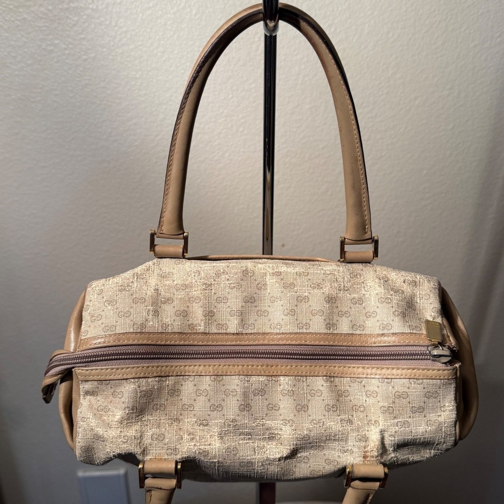 Vintage Gucci GG Monogram Boston Bag Tan Leather Trim top handle FLAW - Picture 12 of 16